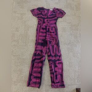 Bel Kazan Azaela 100% Linen Zen Print Rare Button Front Jumpsuit, size XS